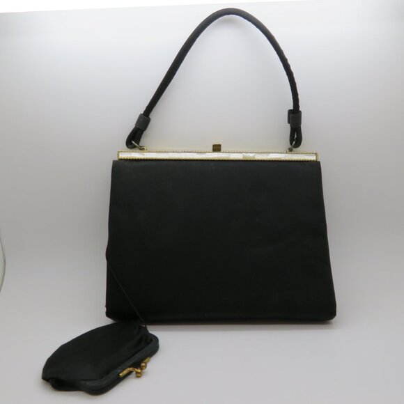Vintage Handheld Black Satin Purse Bag After Five Mother Pearl Frame Top Handle - Picture 14 of 16